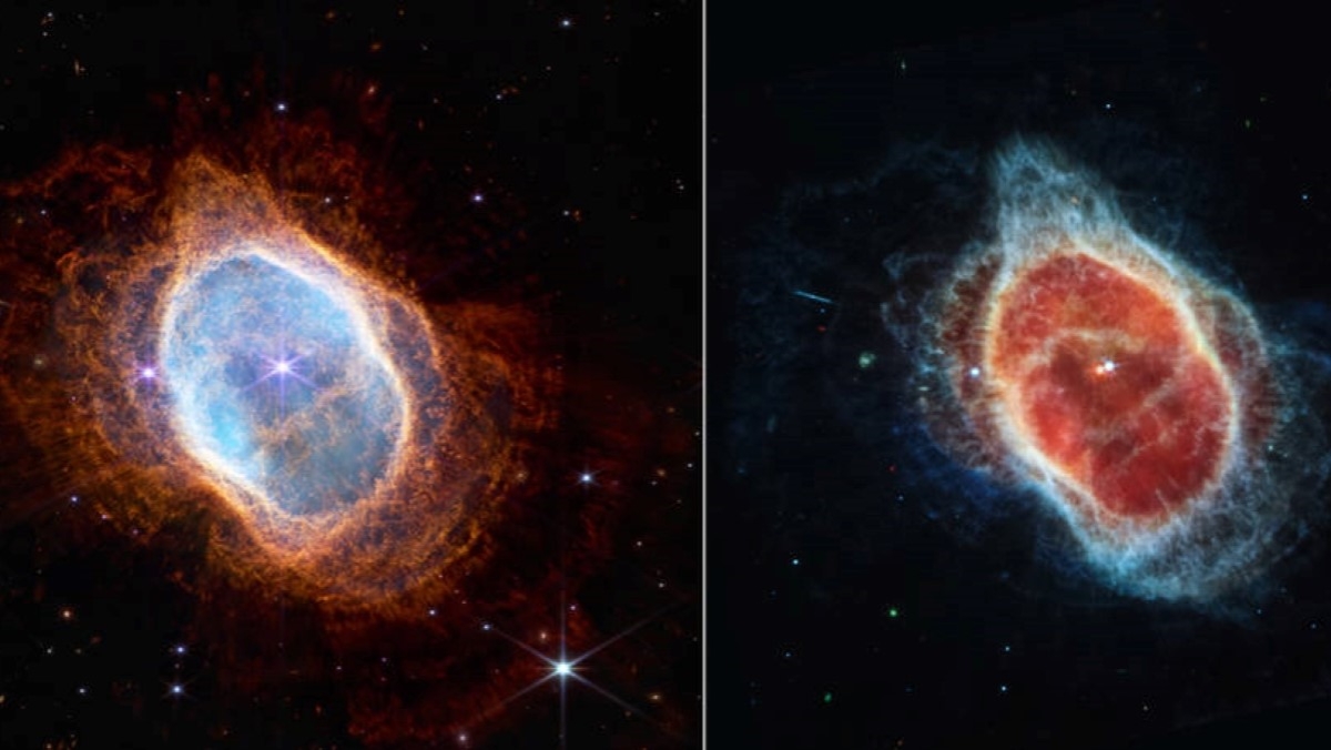 Two photos of the Southern Ring Nebula taken by the James Webb Space Telescope