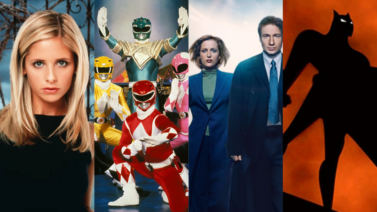 A collage of the best TV show themes selection include Buffy, Power Rangers, Batman: The Animated Series, and The X-Files for the '90s theme song article