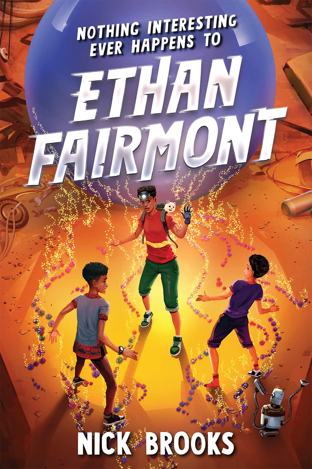 the cover of Nothing Interesting Ever Happens to Ethan Fairmont shows three young Black boys on an adventure the leader wearing a head torch and high tech glove