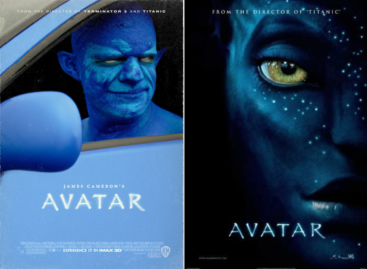 Split screen of an artificial intelligence-generated movie poster for Avatar of a grumpy man painted blue sitting in a blue car and the real movie poster