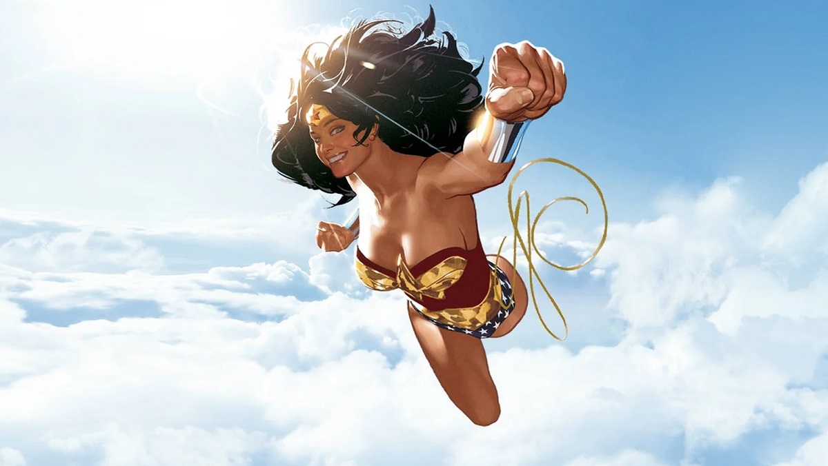 Wonder Woman soars in art by Adam Hughes.