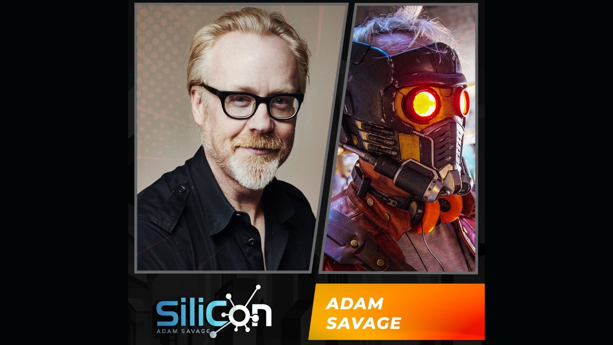 A headshot of Adam Savage next to a picture of him dressed as Starlord, with the SiliCon logo below