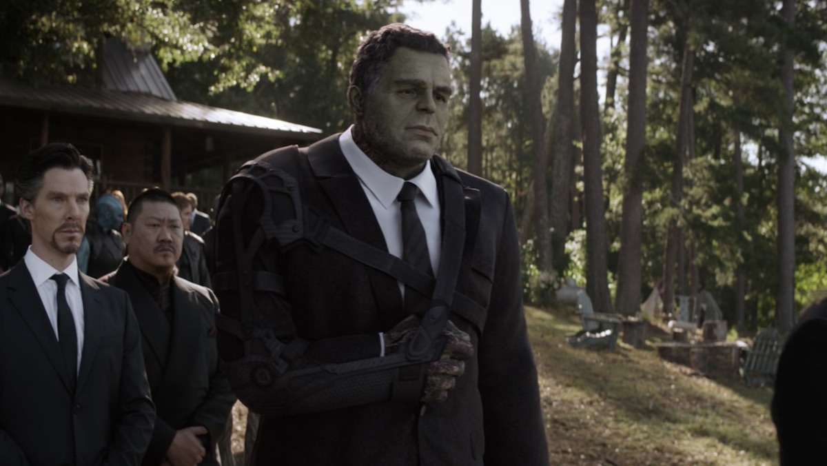 Smart Hulk wears a black suit and a slin at Tony's funeral in Avengers: Endgame