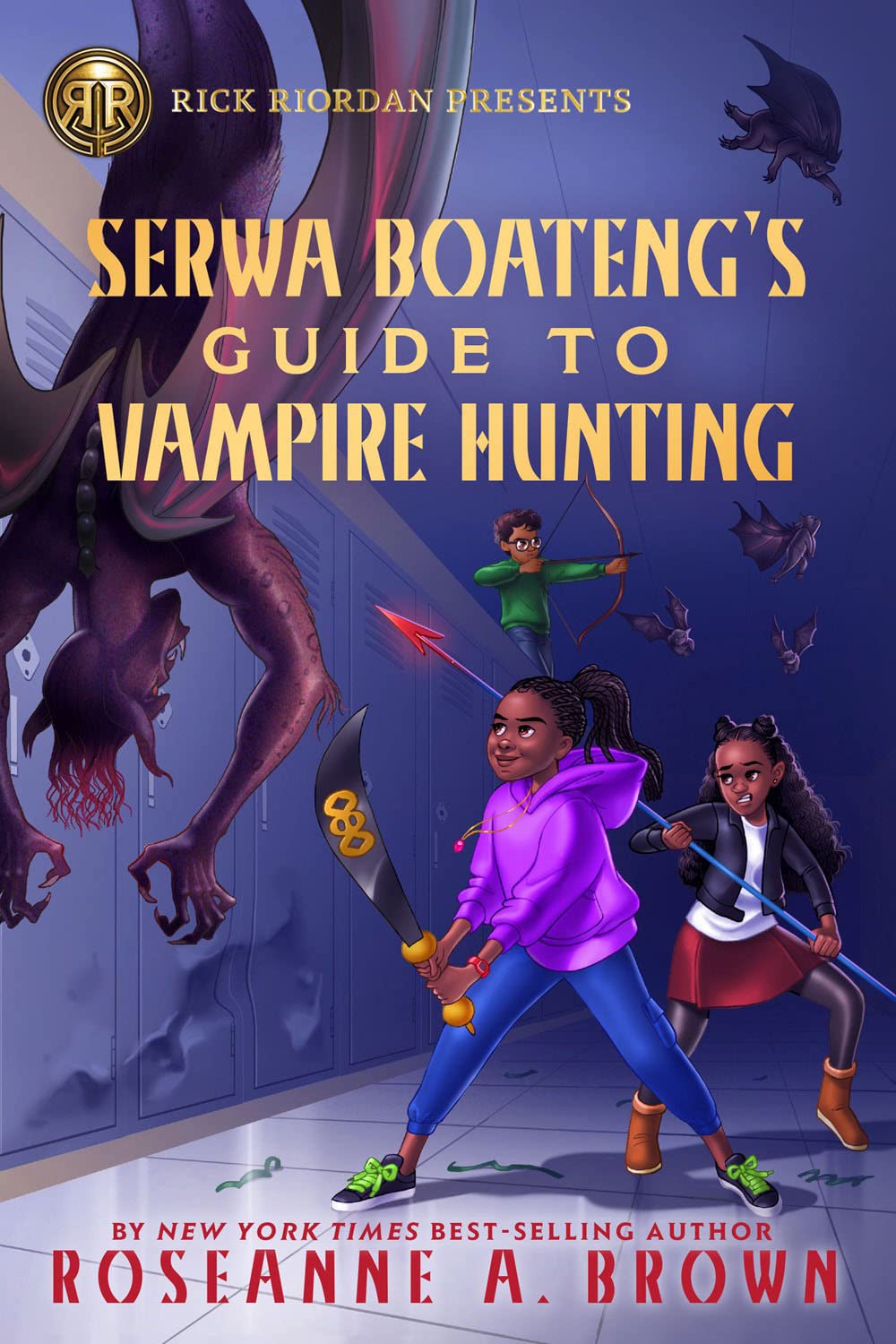 The cover for Serwa Boateng's Guide to Vampire Hunting shows two young Black girls fighting a scary monster