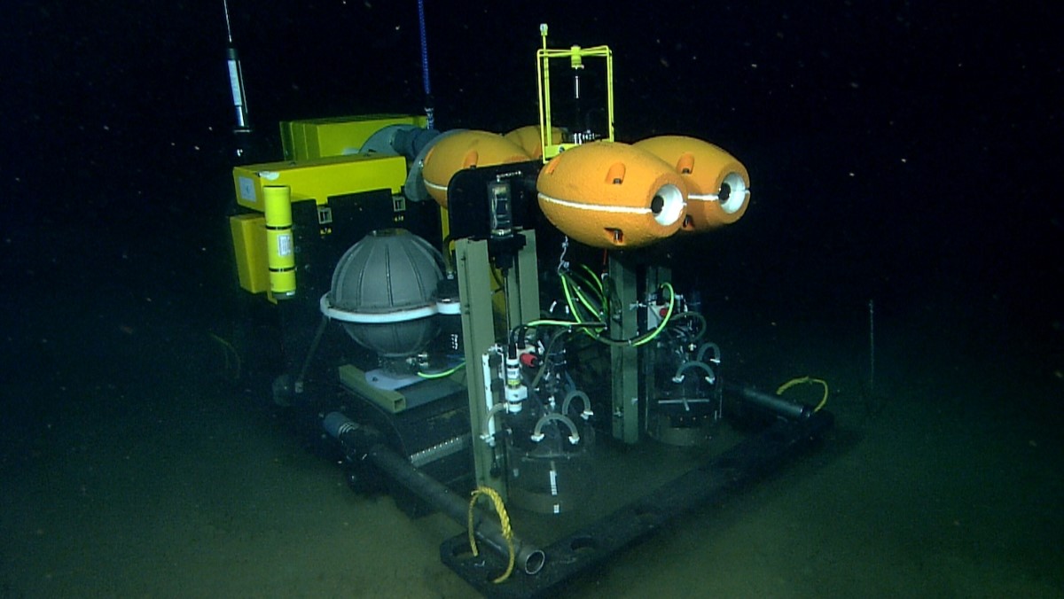 The Benthic Rover is a robot that travels across the deep-sea mud, taking photographs and measuring how much oxygen seafloor animals and microbes are using over time.