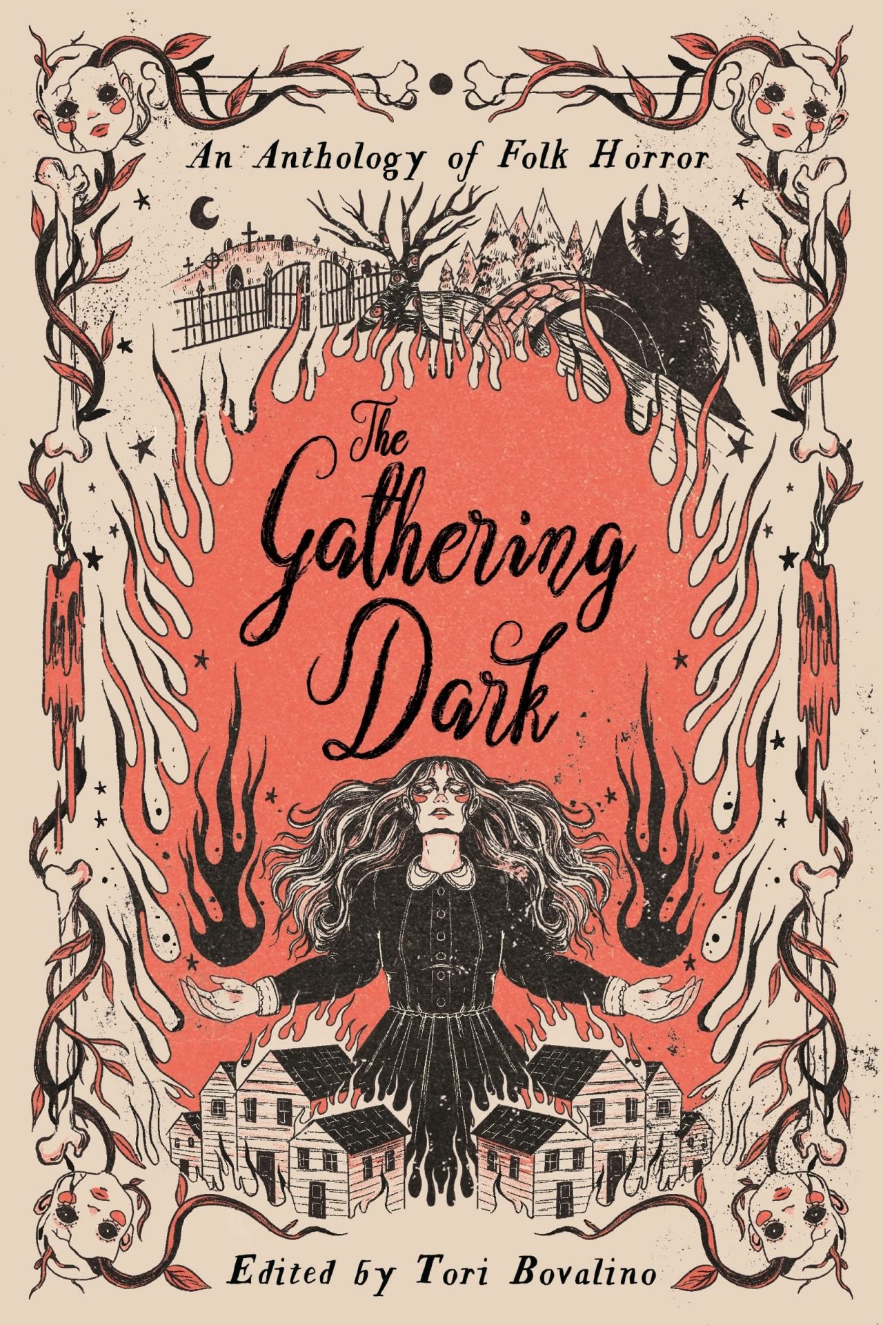 The Gathering Dark, an illustration of a woman with her arms spread apart in a strange forest