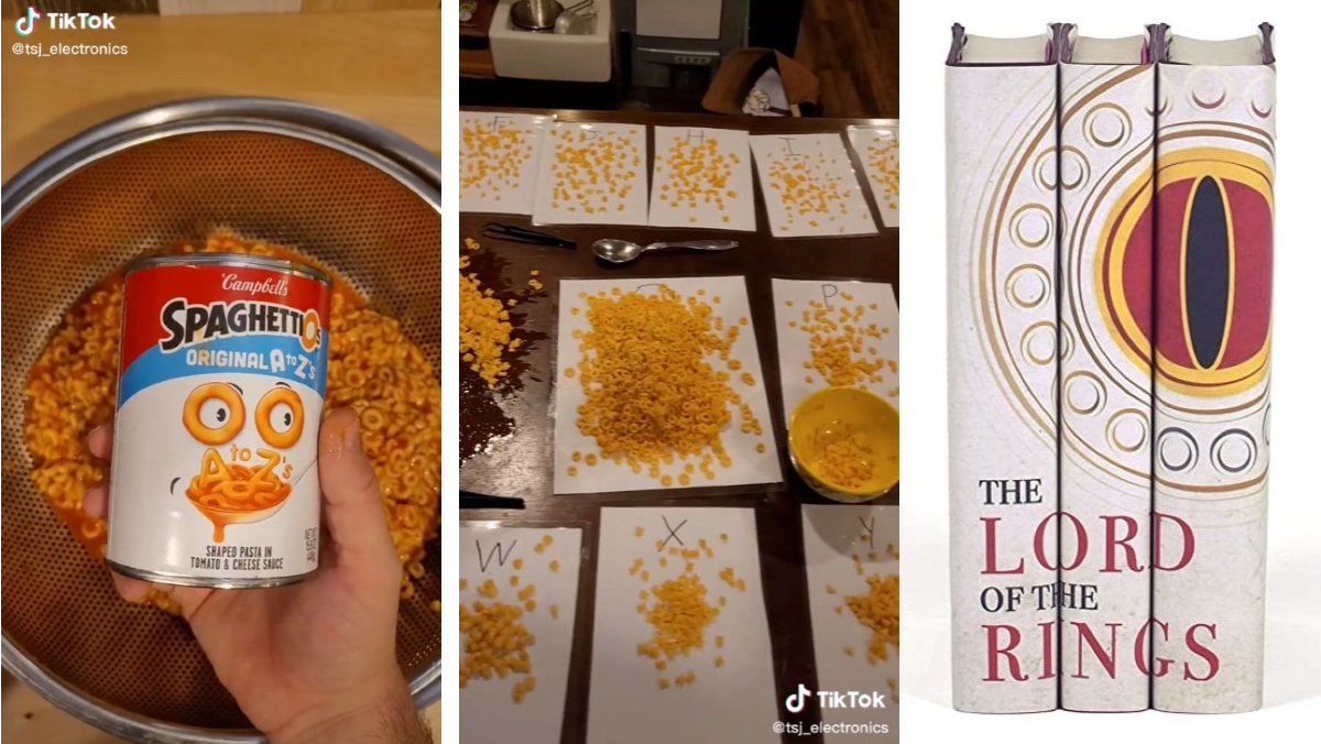 Images from a TikTok of SpaghettiOs and a set of the Lord of the Rings trilogy books