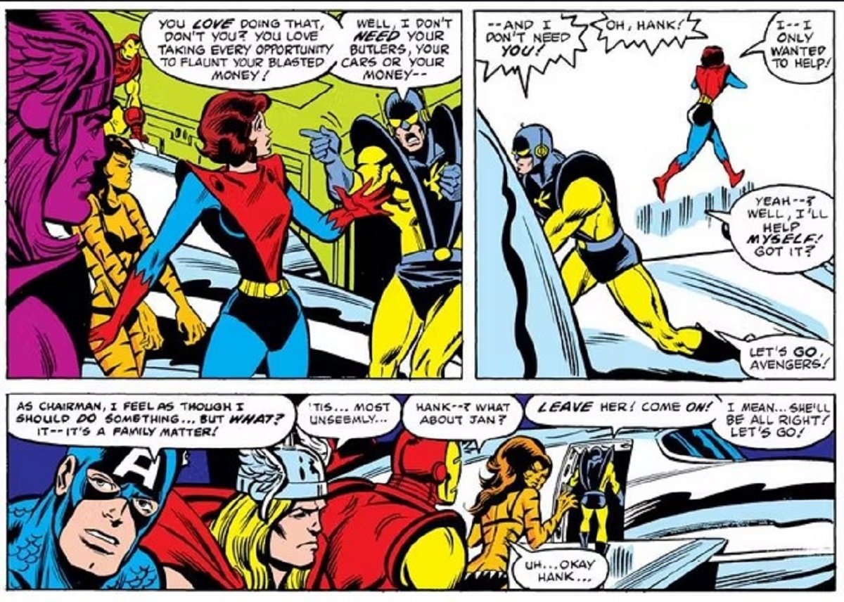 Hank Pym lashes out at wife Janet Van Dyne in an '80s issue of the Avengers.