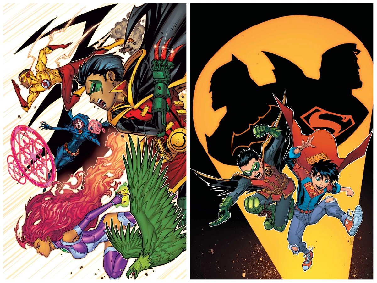 Robin/Damian Wayne with his friends the Teen Titans and Superboy.