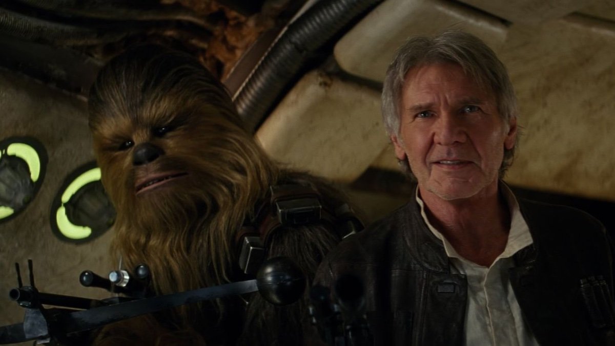 Han Solo and chewbacca aboard the Millennium Falcon in The Force Awakens