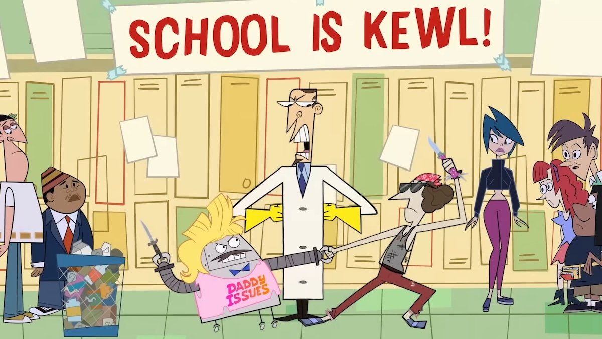 Mr Butlertron in a wif knife fights Columbus while Scudworth stands between them on Clone High