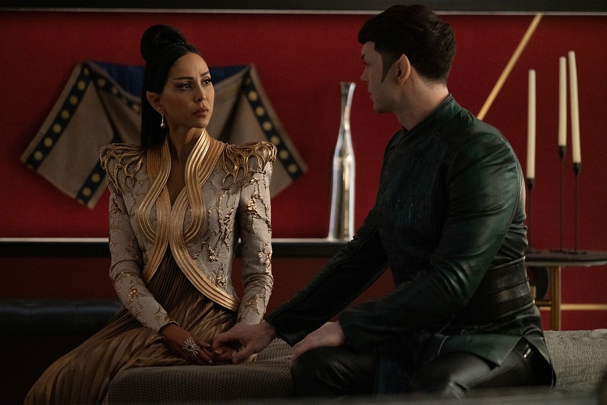 T'Pring and Spock (Ethan Peck) discuss their relationship on Star Trek: Strange New Worlds' "Charades."