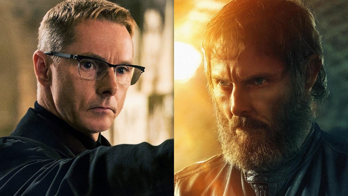 A split image of Sean Harris as Solomon Lane, one with glasses and the other a thick beard