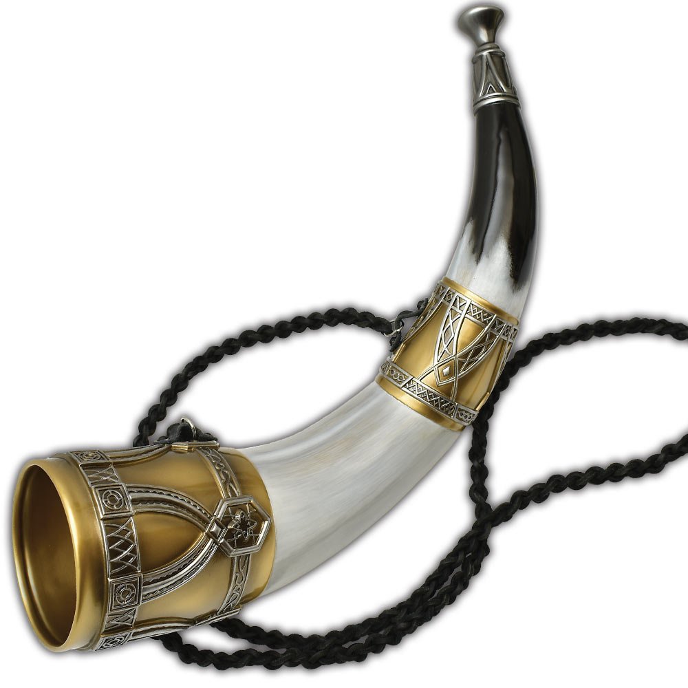 A white and gold replica Horn of Gondor from The Lord of the Rings