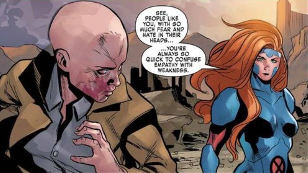 Jean Grey shares her compassion with Cassandra Nova and thwarts her plans for mass destruction.