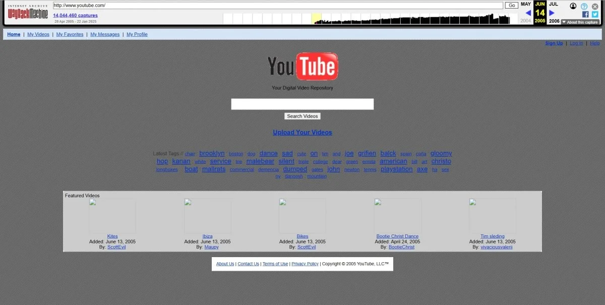 Print screen of YouTube homepage on June 14, 2005