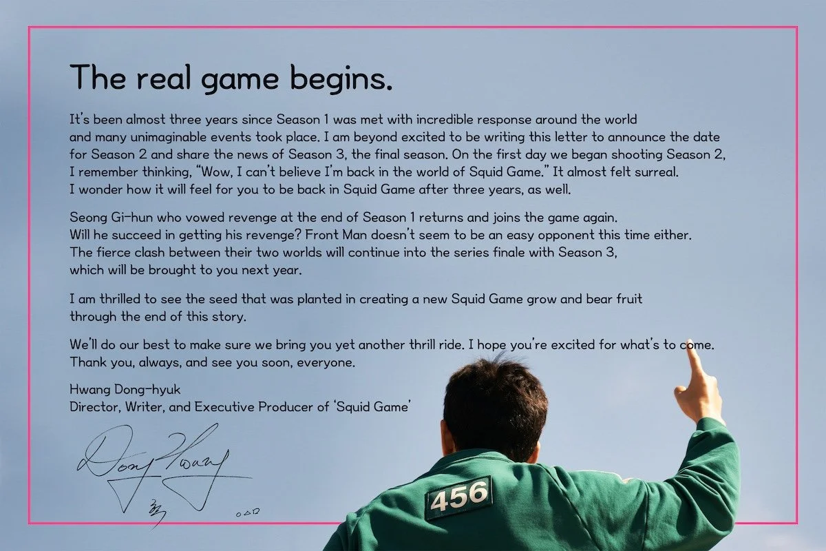 A letter about Squid Game season 3 with a player seen from behind at the bottom