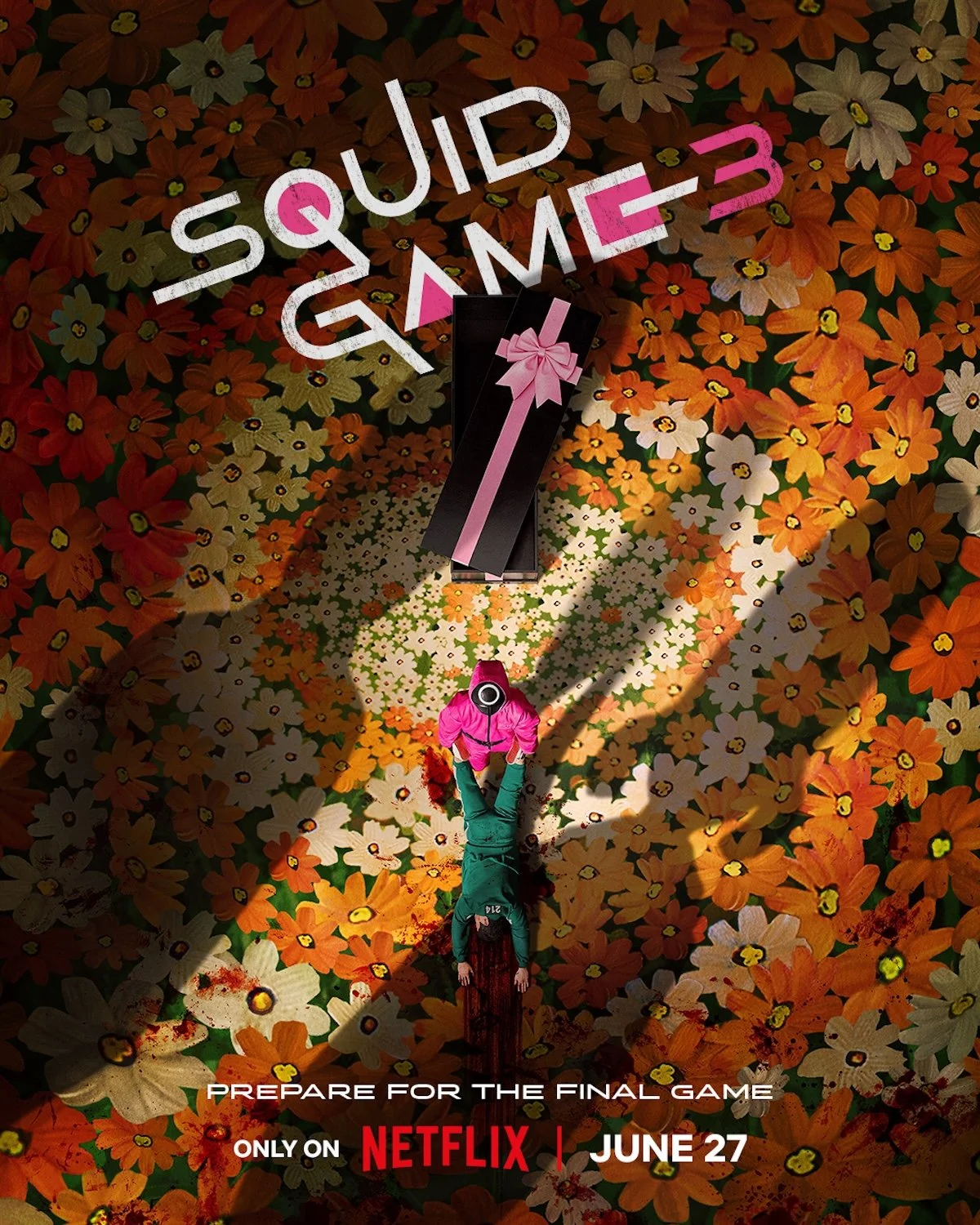 a pink guard dragging a bloody player towards one of those coffins along a swirling flower-pattern floor in a Squid Game season 3 poster