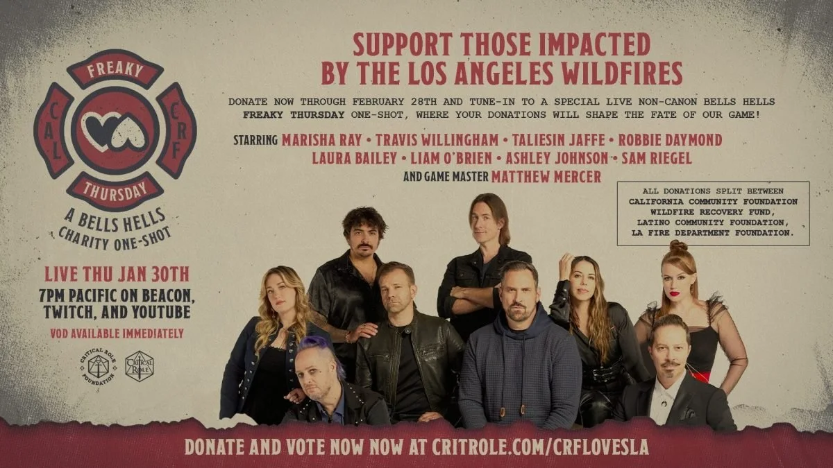 A promo with info and a picture of the cast of Critical Role's chairty One-Shot event