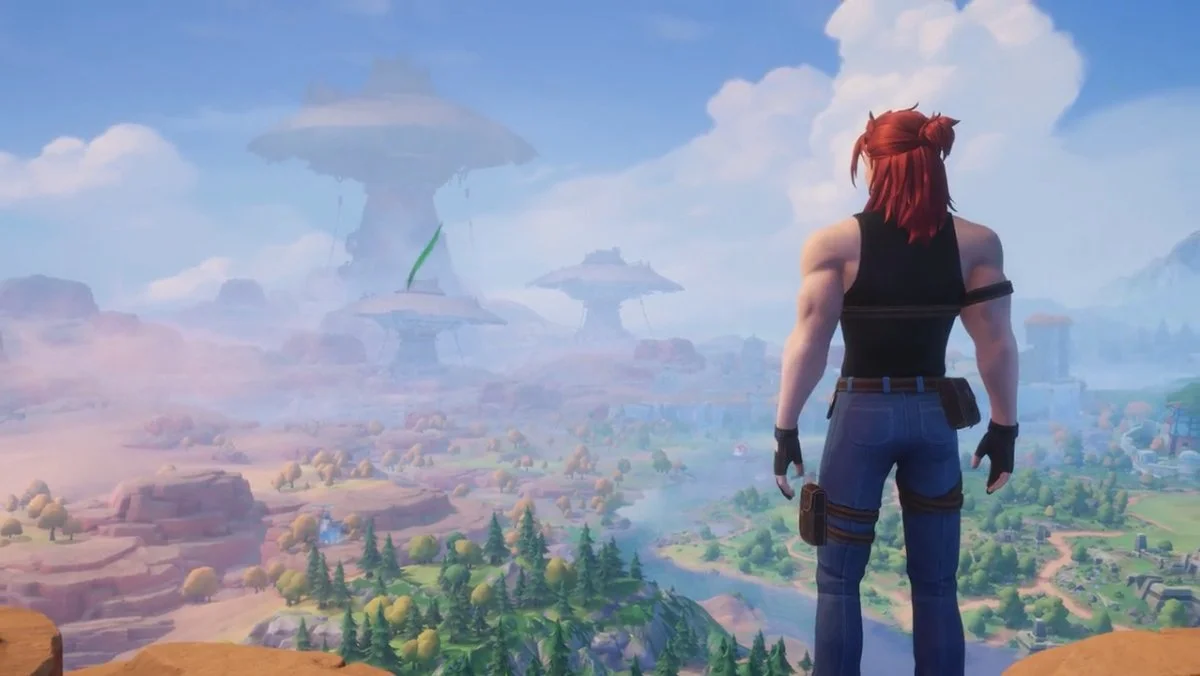 Gameplay from My Time at Evershine. A character looks out at the landscape from a high cliff.