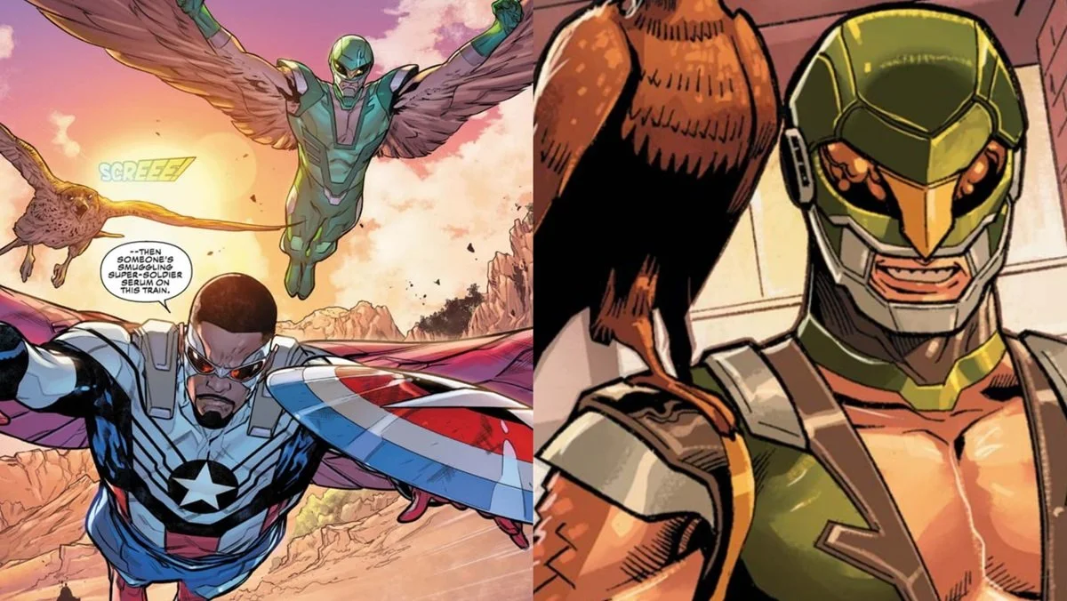 Joaquín Torres, the second Falcon, flies with Sam Wilson Captain America, and poses with his falcon, Redwing.