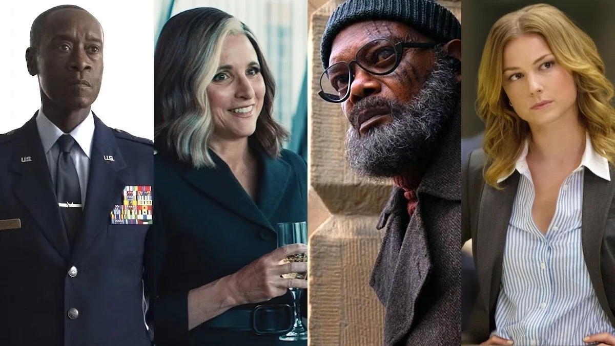 Rhodey in his uniform, Valentina holding champagne, Nick Fury in glasses and a winter hat, and Sharon Carter from the MCU