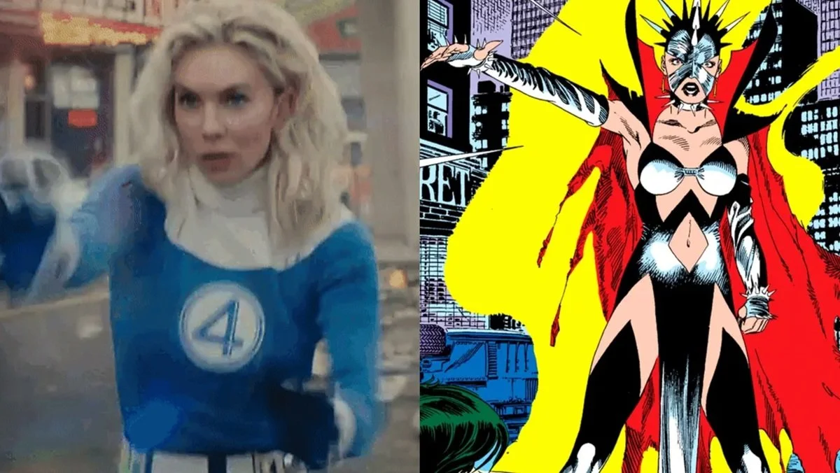 (Left) Vanessa Kirby in The Fantastic Four: First Steps as Invisible Woman (Right) Malice in the pages of Fantastic Four.