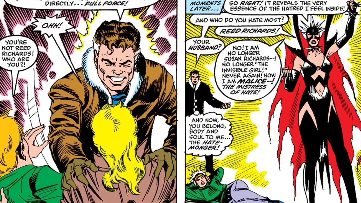 Sue Storm is manipulated into becoming Malice in Fantastic Four #280.