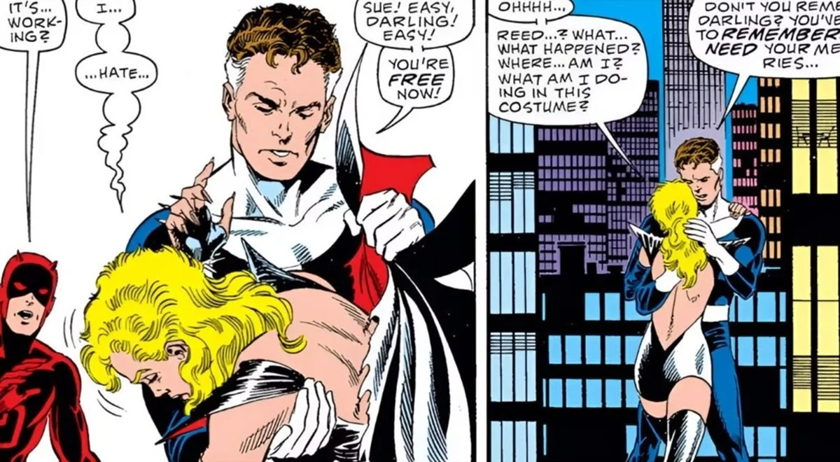 Sue emerges from the control of Malice in Fantastic Four. Art by John Byrne.