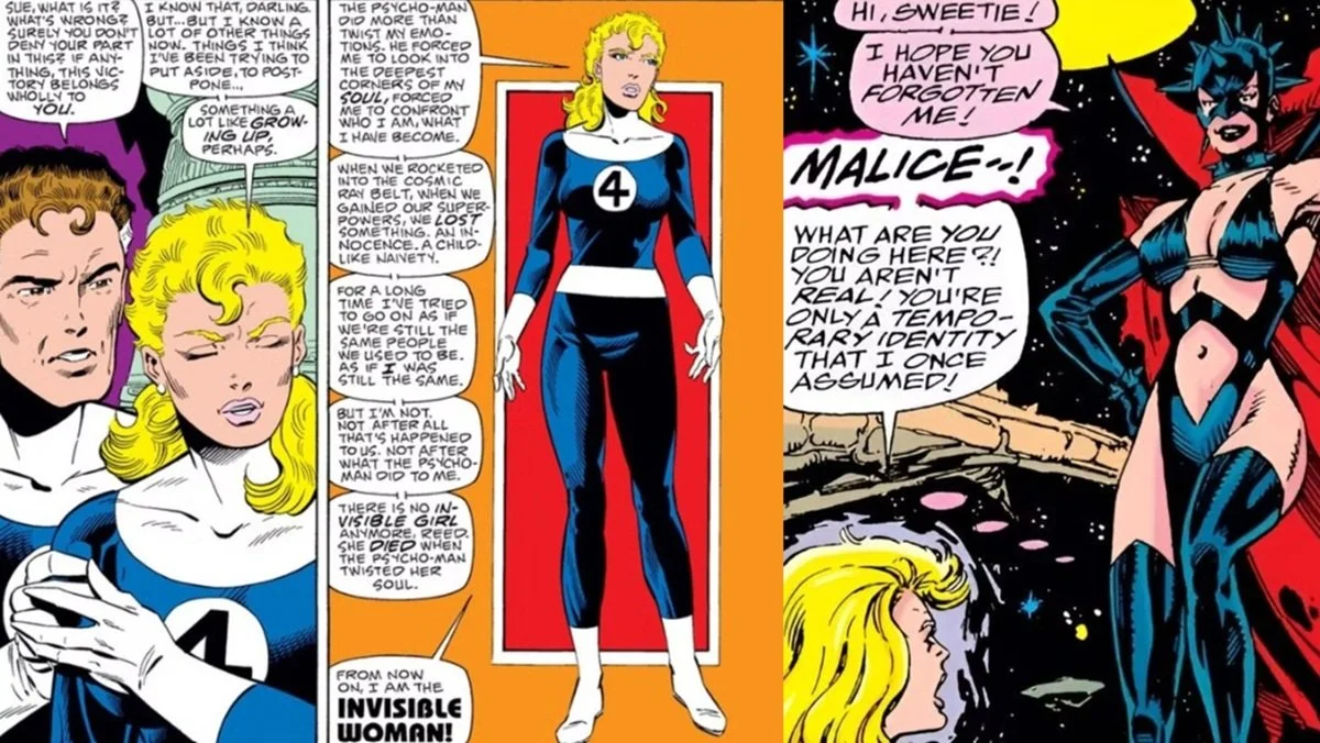 Sue Storm changes her name from Invisible Girl to Invisible Woman in Fantastic Four. Art by John Byrne.