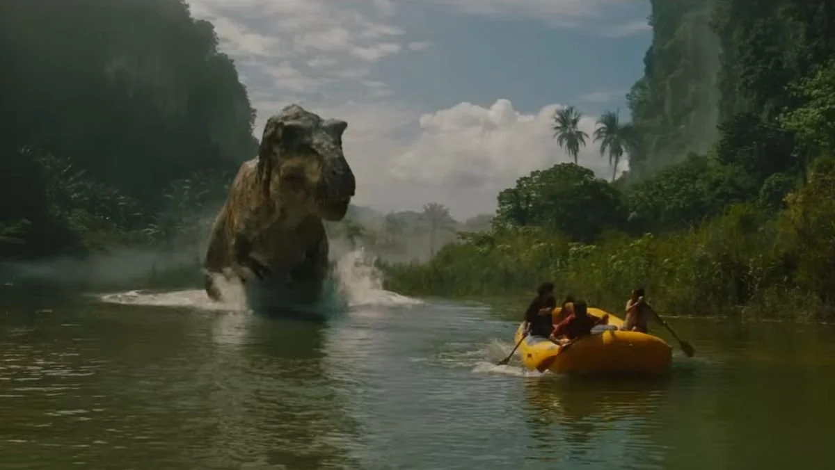 image of a dinosaur chasing a boat in jurassic world rebirth trailer