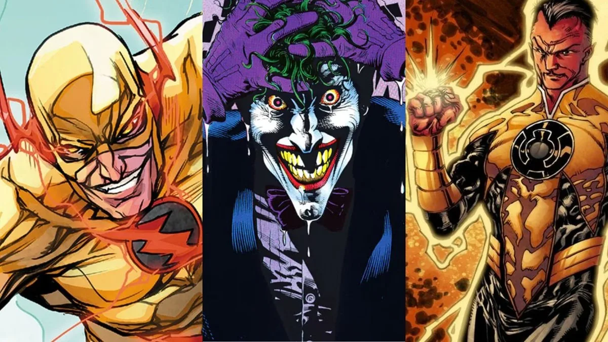 DC Comics villains Reverse-Flash, the Joker, and Sinestro.