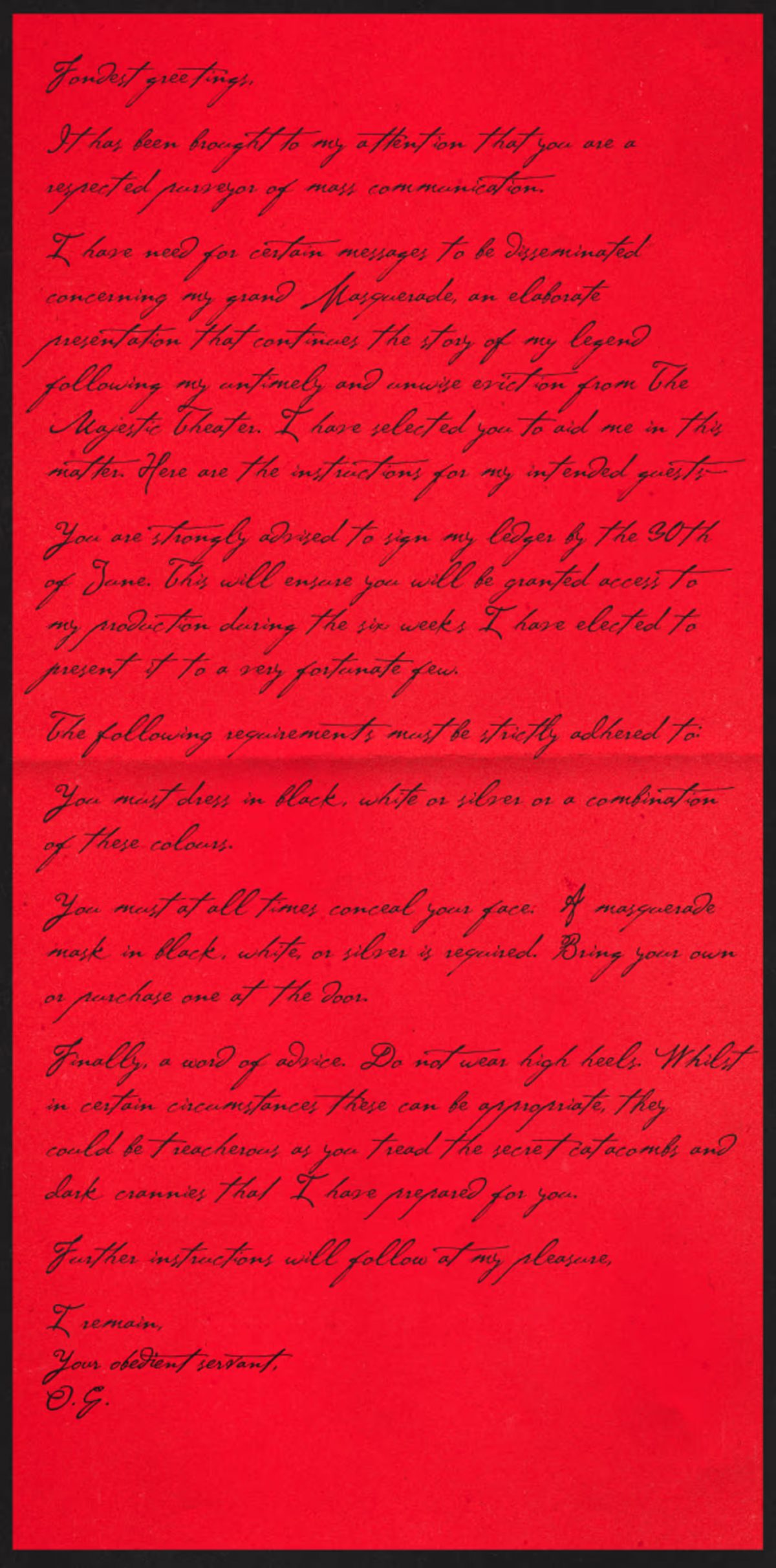 masquerade letter from phantom of the opera immersive theater performance coming to nyc