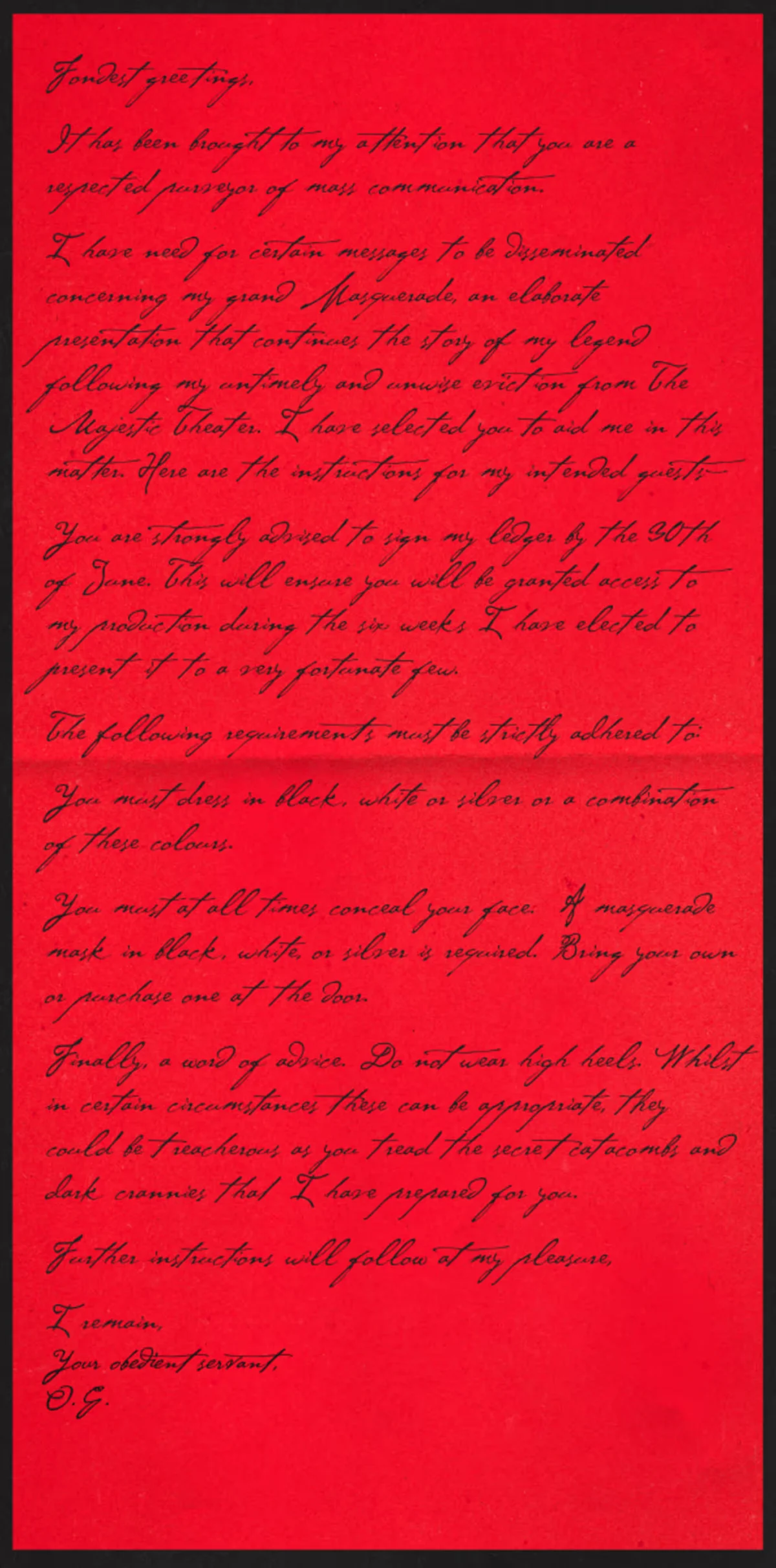 masquerade letter from phantom of the opera immersive theater performance coming to nyc