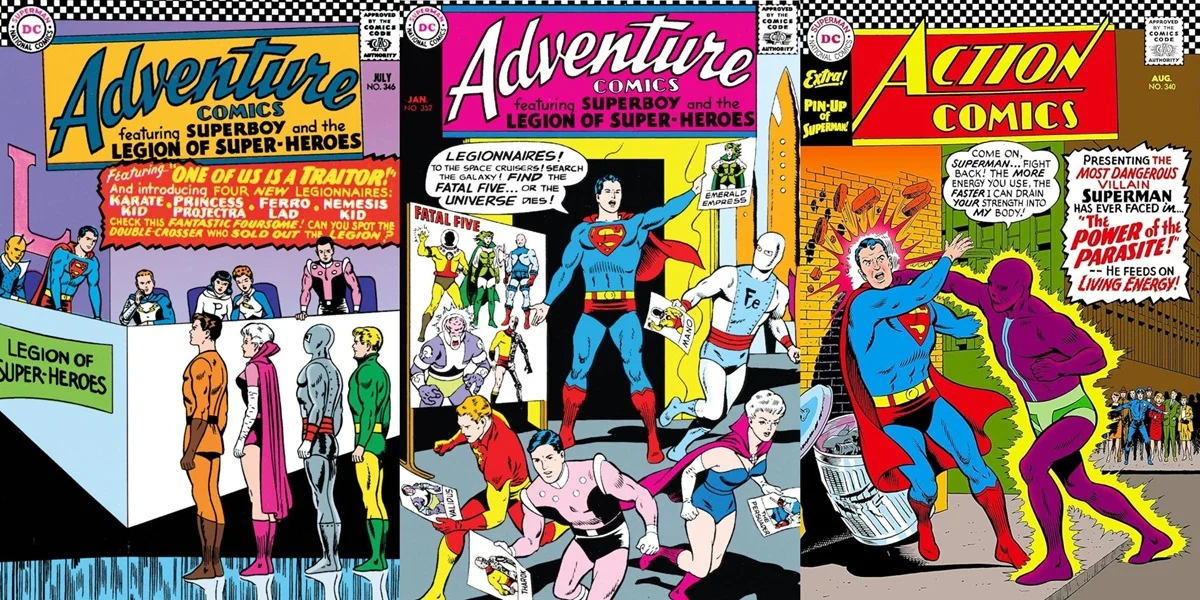Covers for 1960s issues of Adventure Comics and Action Comics by Curt Swan.