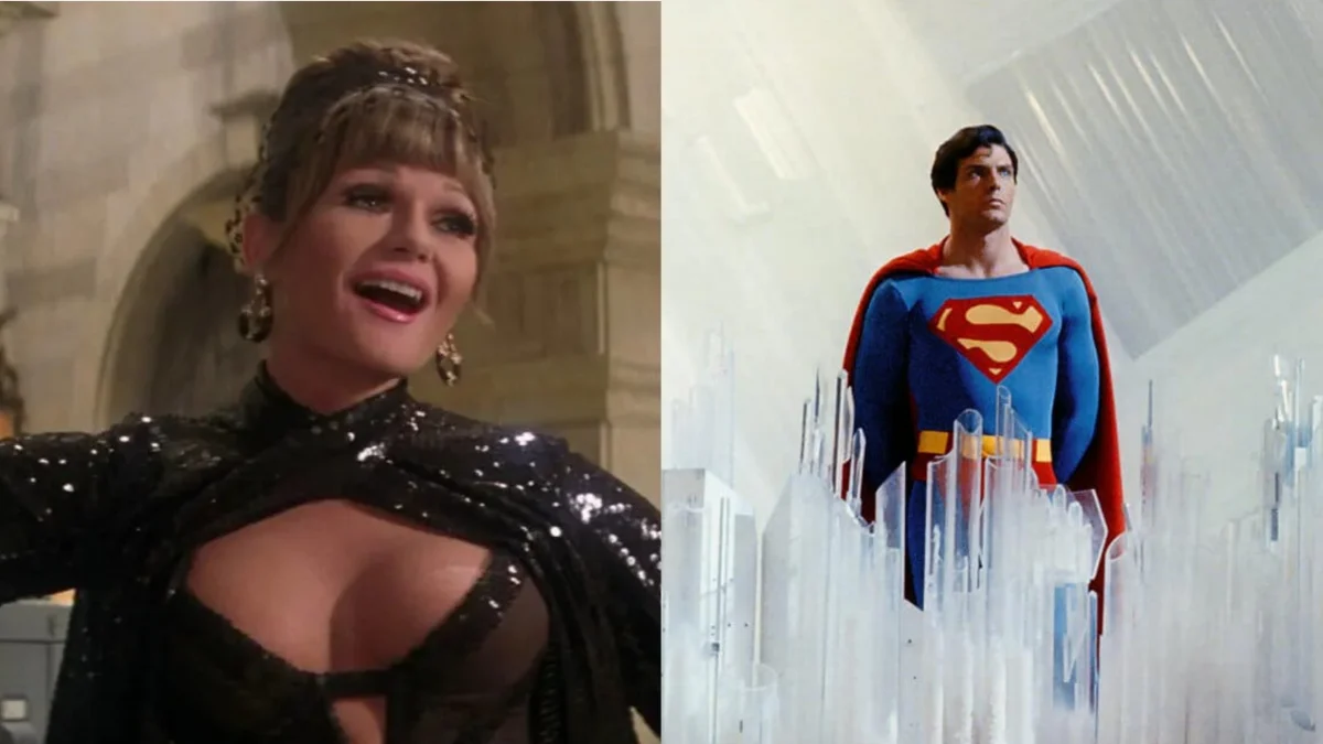 (Esquerda) Miss Teschmacher em Superman: O filme (à direita) Kal-El na fortaleza em Superman: The Movie.