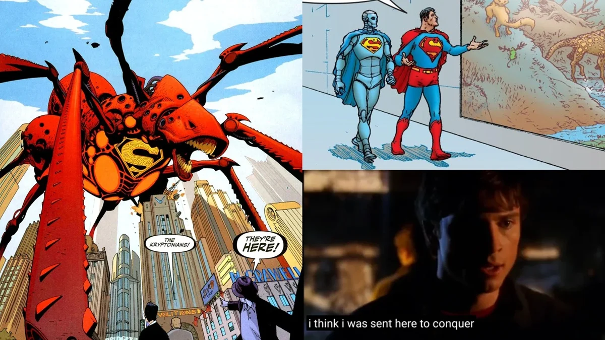 Arte de Superman: Birthright, All-Star Superman e Tom Welling em Smallville.