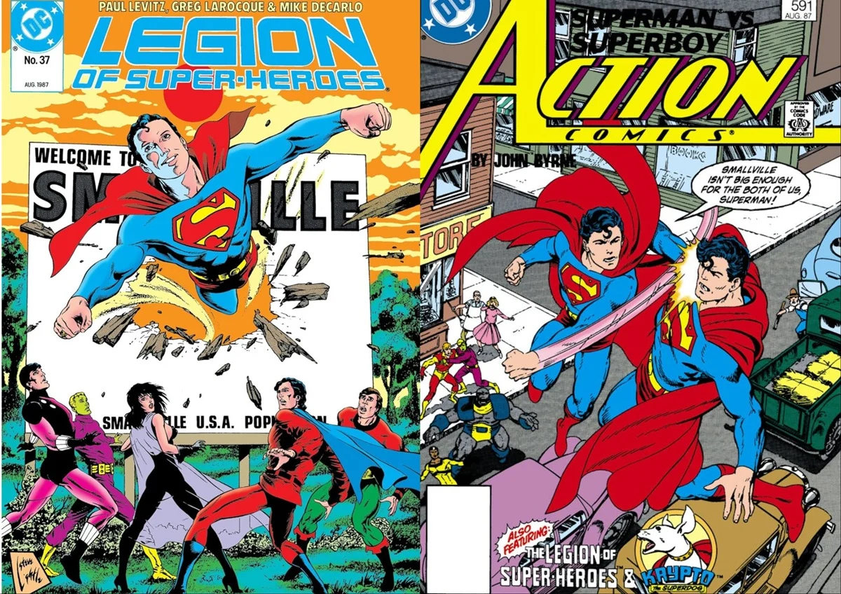 Covers for 1987's Legion of Super-Heroes and Action Comics.