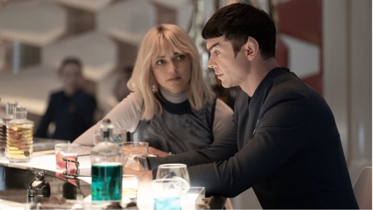 Nurse Christine Chapel (Jess Bush) consoles a broken hearted Spock (Ethan Peck) in Star Trek: Strange New Worlds "Wedding Bell Blues."