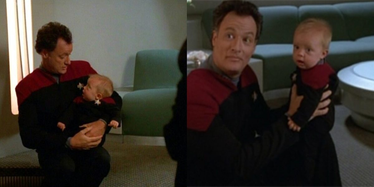 Q (John de Lancie) hold his infant son in the Voyager episode "The Q and the Grey." 