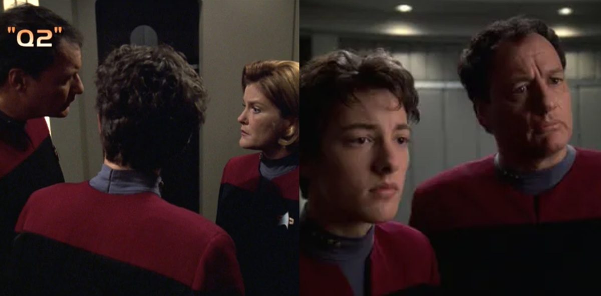 Q (John de Lancie) and his son in the Star Trek: Voyager episode "Q2." 