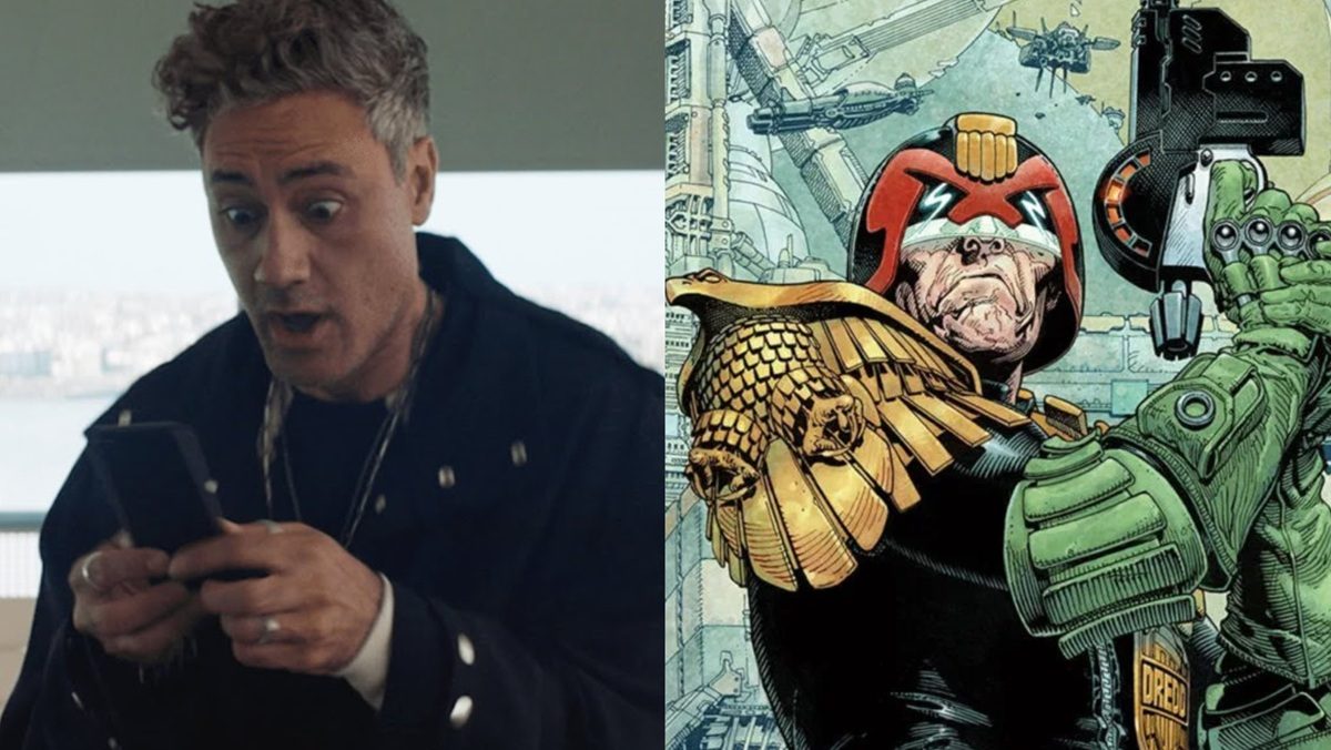 (Left) Taika Waititi in Free Guy (Right) Judge Dredd in 2000 AD comics.