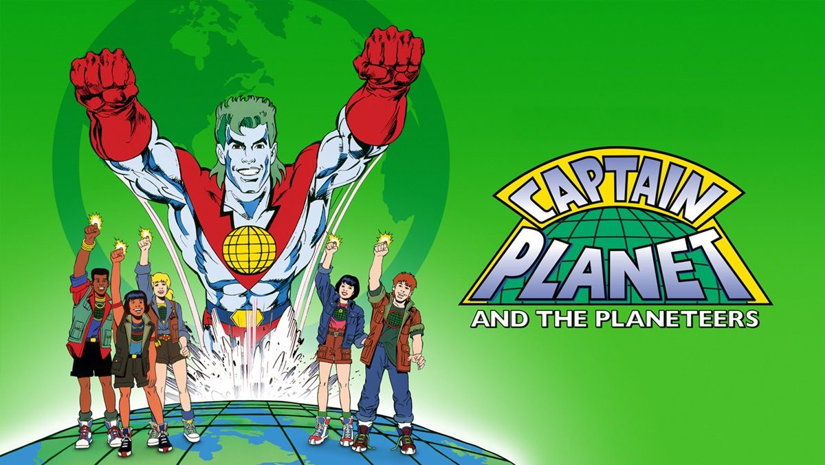 Captain Planet flies toward the camera while the Planeteers flank him.