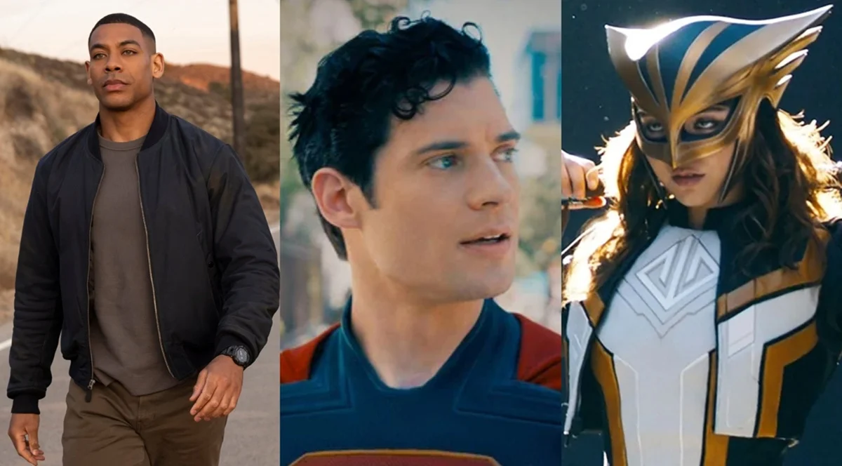 From left to right: Aaron Pierre as Green Lantern, David Corenswet as Superman, and Isabela Merced as Hawkgirl.