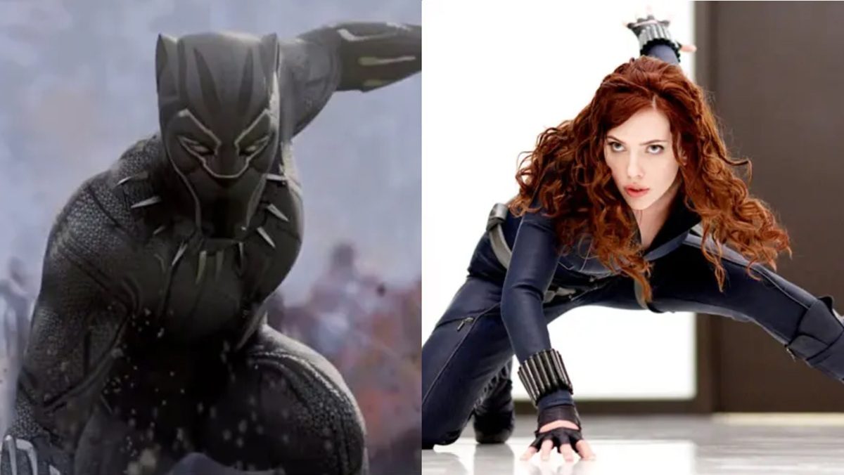 Black Panther and Black Widown to their classic "superhero pose" in the MCU.