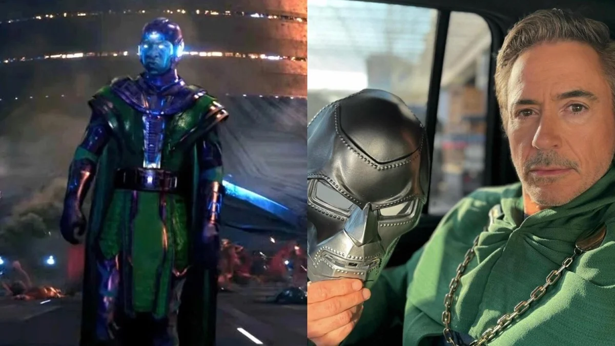 (Left) Jonathan Majors as Kang in the MCU (Right) Robert Downey Jr. holding the mask of Doctor Doom.