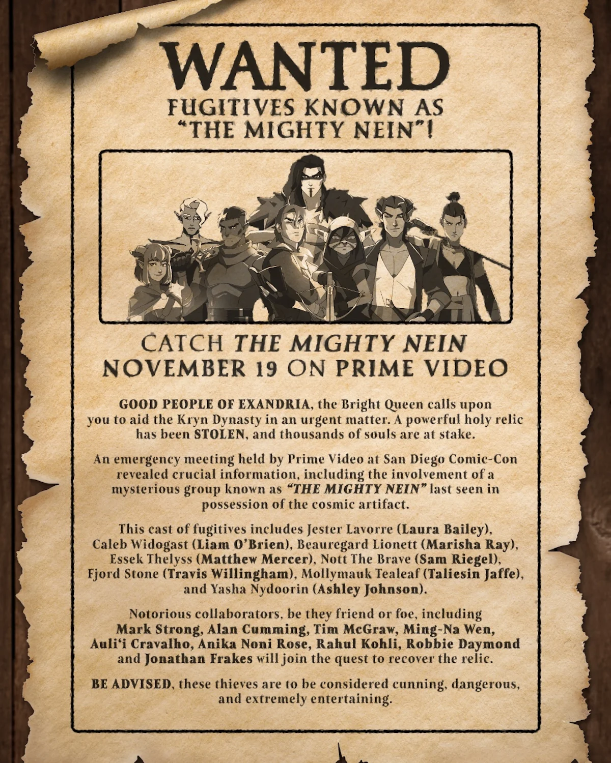 A sepia wanted poster for The Mighty Nein
