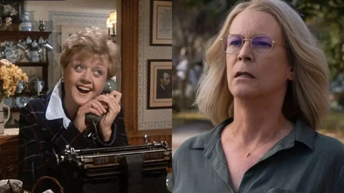 split image of jamie lee curtis and angela lansbury as jessica fletcher in murder she wrote tv series