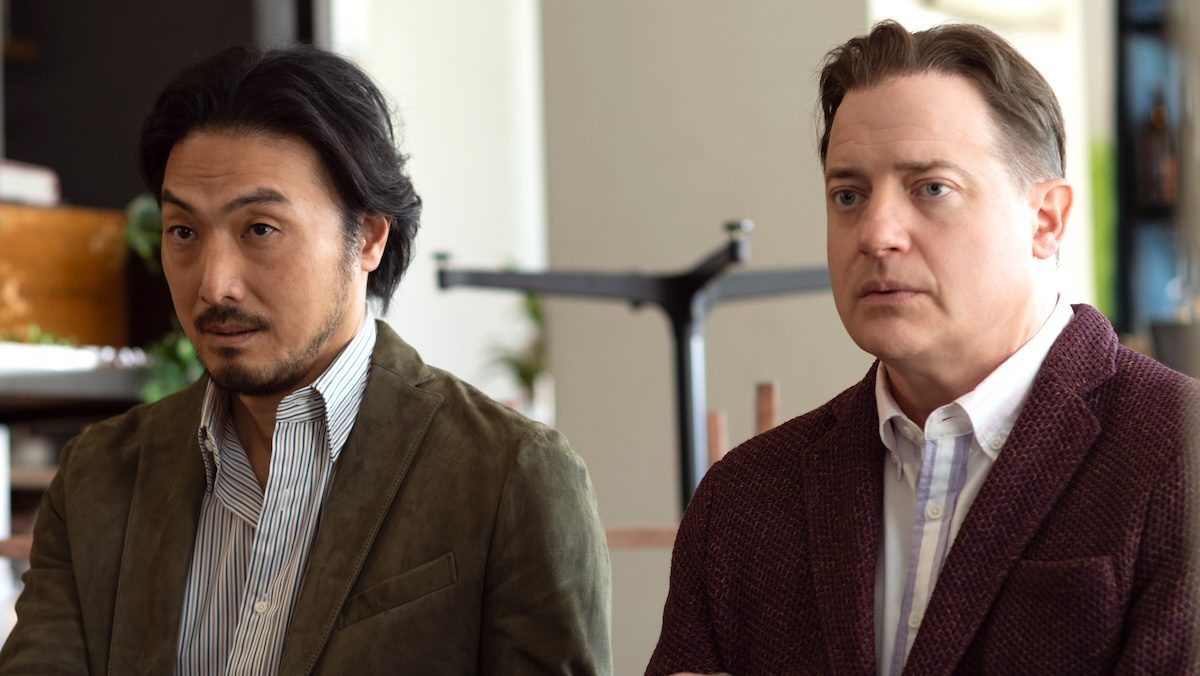 Takehiro Hira and Brendan Fraser looking a little worried in Rental Family