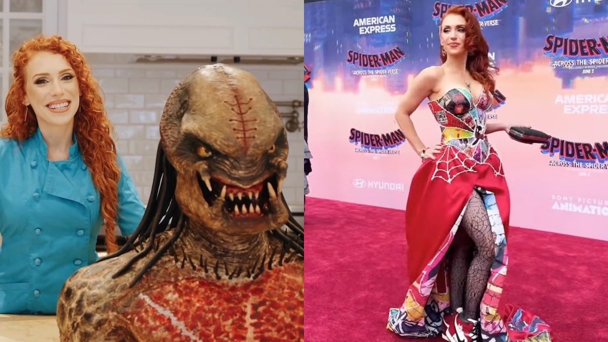 A redheaded woman next to her Predator cake split with her in a Spider-Verse cosplay dress